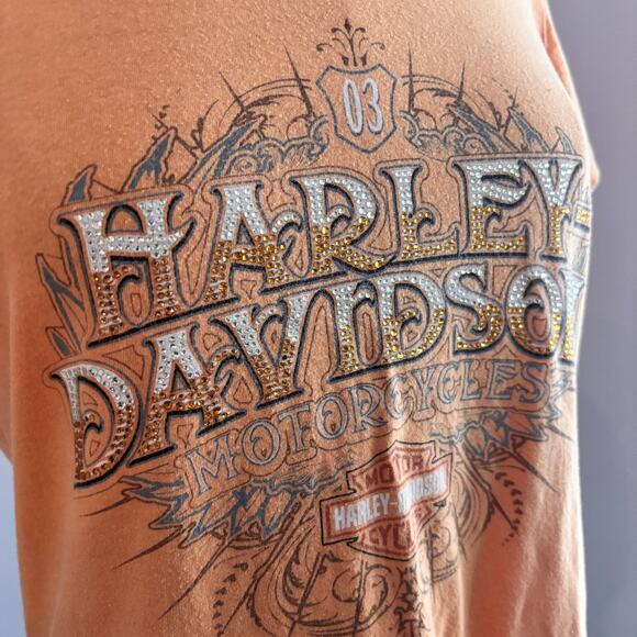 Y2K Harley Davidson Ladies T-Shirt Size L Orange Rhinestone Bikercore Grunge - Picture 4 of 8